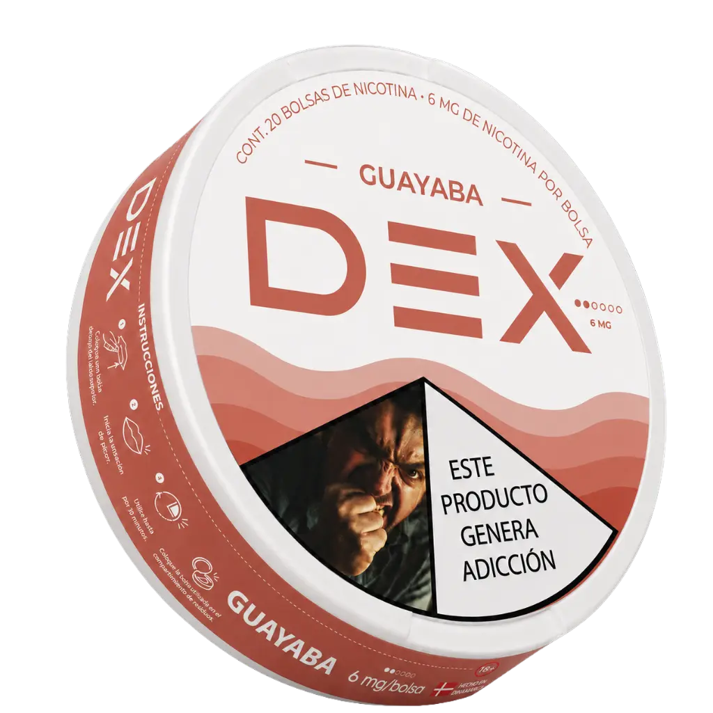 Lata de bolsas de nicotina DEX Guayaba — vista lateral