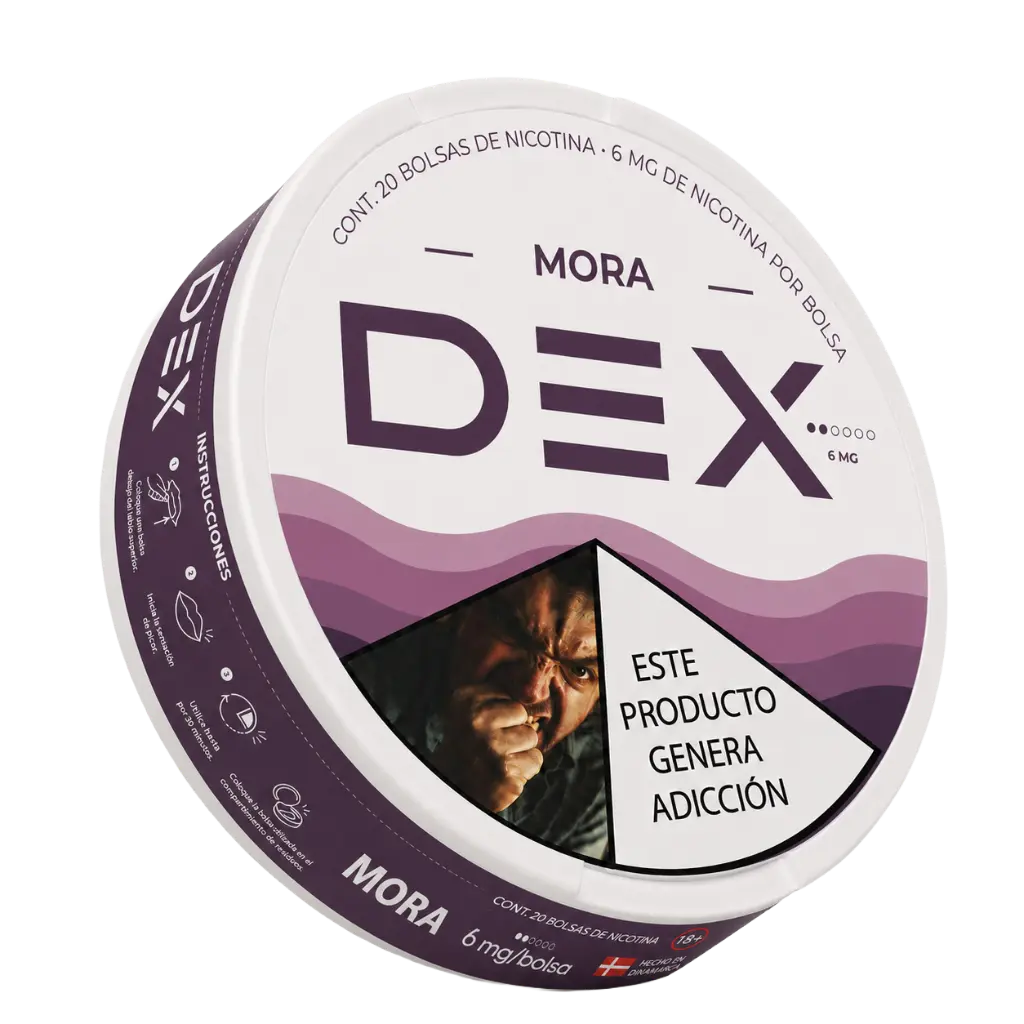 Lata de bolsas de nicotina DEX Mora — vista lateral
