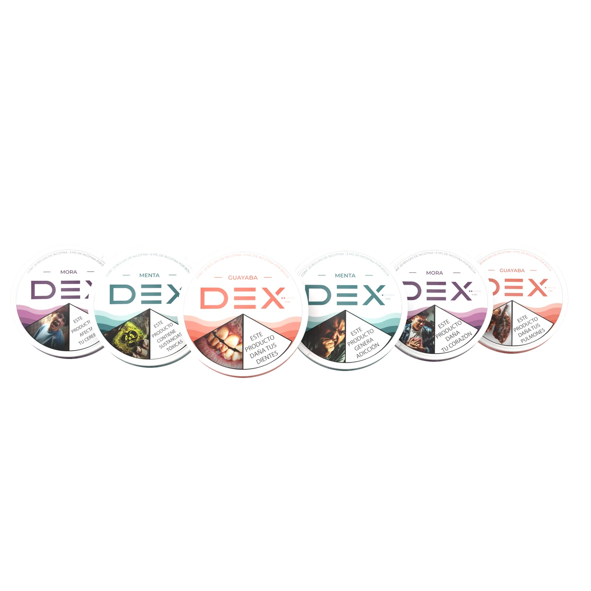 Línea DEX — latas de bolsas de nicotina sin tabaco en tres sabores