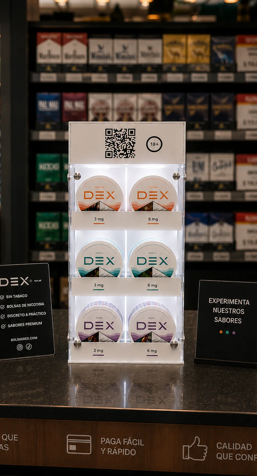 Exhibidor DEX iluminado en el mostrador de una tienda de conveniencia